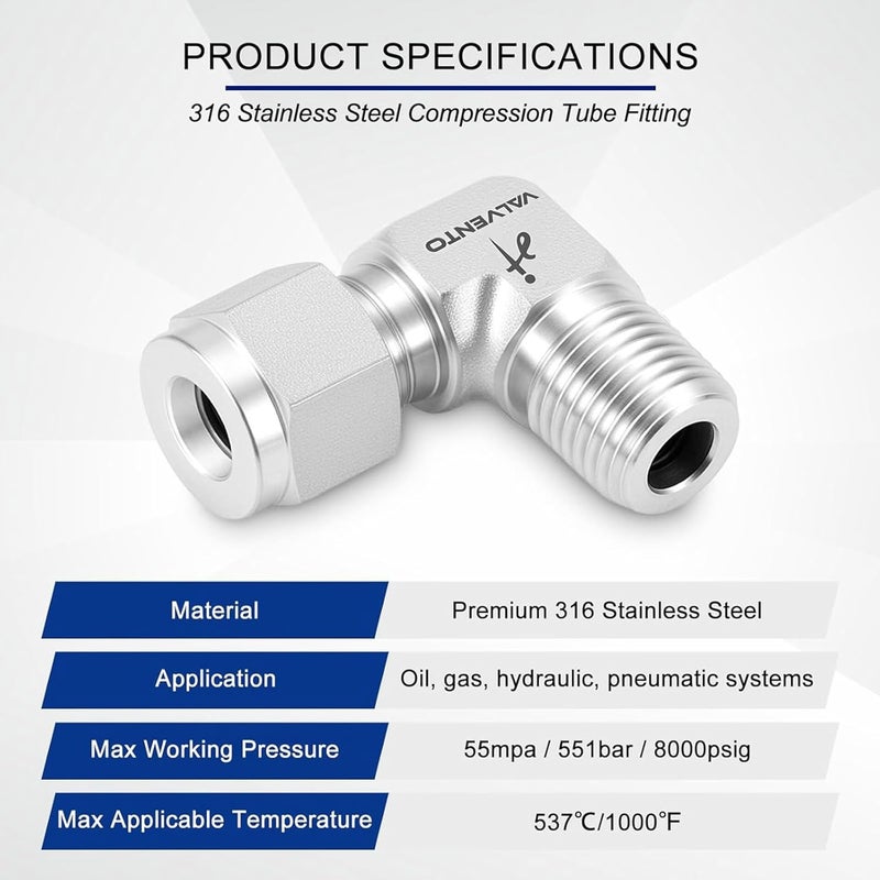 VALVENTO 316 Stainless Steel 90 Degree Compression Tube Fitting 1/2" OD x 1/2" NPT Male Adapter Connector with Double Ferrules for Oil, Chemical, and Natural Gas Connections, 1 PC - Image 3